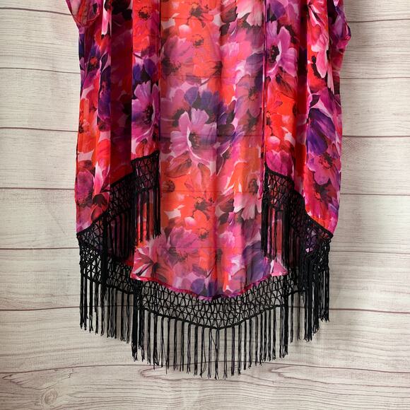 Catalina Pink and Red Floral Swimsuit Cover Up Fringe Cardigan Kimono Size L - Picture 3 of 16
